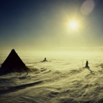 A two man field camp in Coats Land, Antarctica in high winds the blowing surface snow creates an ethereal quality